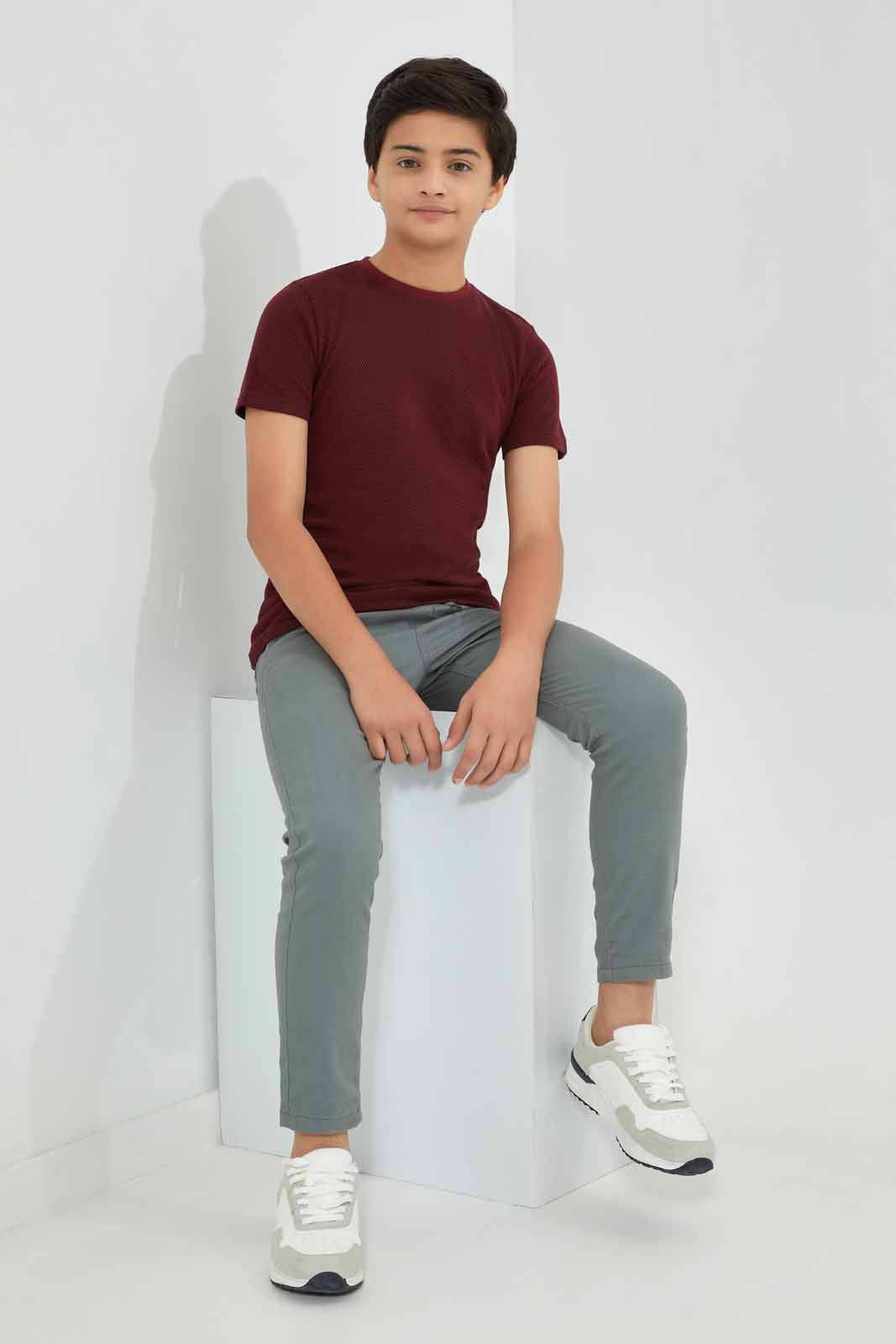 Redtag-Boys-Burgundy-Plain-Jacquard-Tee-BSR-T-Shirts,-Category:T-Shirts,-Colour:Burgundy,-Deals:New-In,-Filter:Senior-Boys-(8-to-14-Yrs),-New-In-BSR-APL,-Non-Sale,-Section:Boys-(0-to-14Yrs),-W22B-Senior-Boys-9 to 14 Years