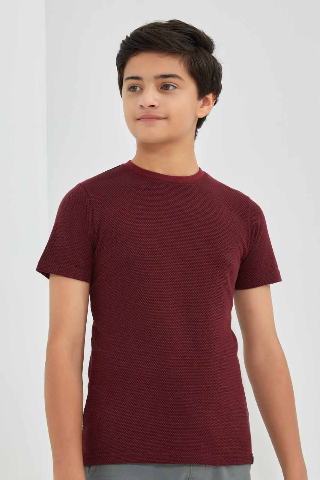 Redtag-Boys-Burgundy-Plain-Jacquard-Tee-BSR-T-Shirts,-Category:T-Shirts,-Colour:Burgundy,-Deals:New-In,-Filter:Senior-Boys-(8-to-14-Yrs),-New-In-BSR-APL,-Non-Sale,-Section:Boys-(0-to-14Yrs),-W22B-Senior-Boys-9 to 14 Years