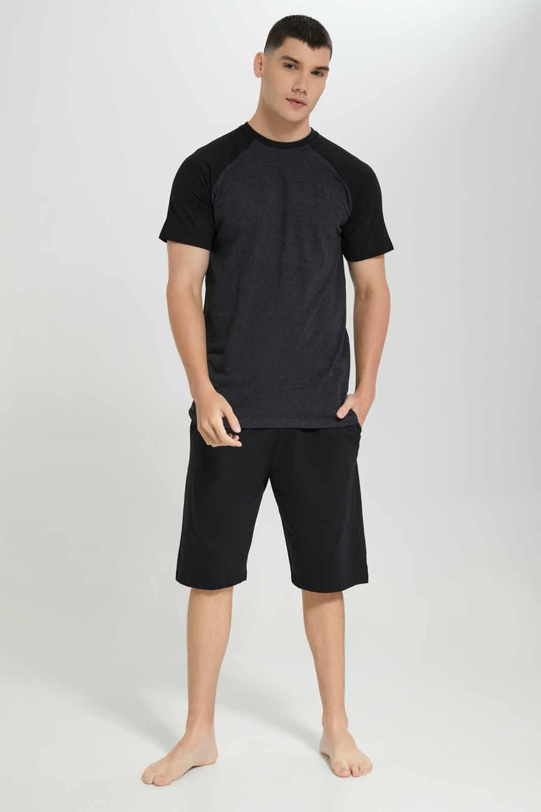 Redtag-Men-Grey-T_Shirt-With-Black-Shorts-Pyjama-Set-Category:Pyjama-Sets,-Colour:Charcoal,-Deals:New-In,-Filter:Men's-Clothing,-Men-Pyjama-Sets,-New-In-Men-APL,-Non-Sale,-Section:Men,-W22B-Men's-