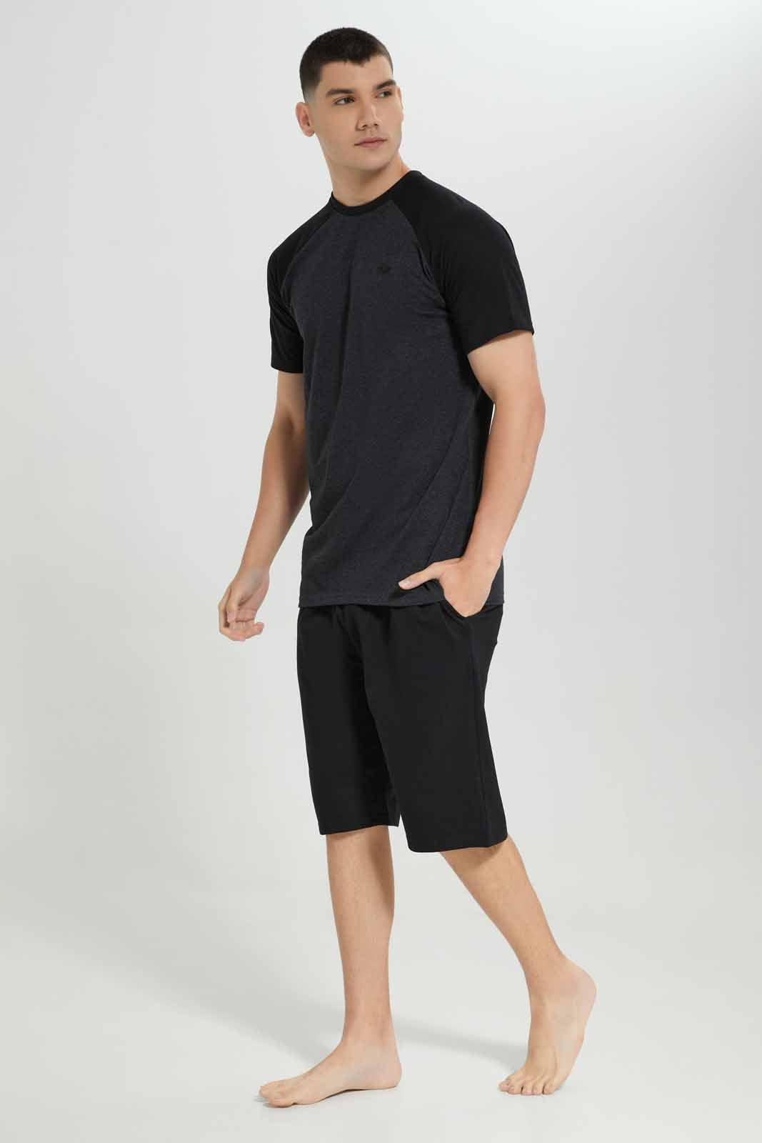 Redtag-Men-Grey-T_Shirt-With-Black-Shorts-Pyjama-Set-Category:Pyjama-Sets,-Colour:Charcoal,-Deals:New-In,-Filter:Men's-Clothing,-Men-Pyjama-Sets,-New-In-Men-APL,-Non-Sale,-Section:Men,-W22B-Men's-