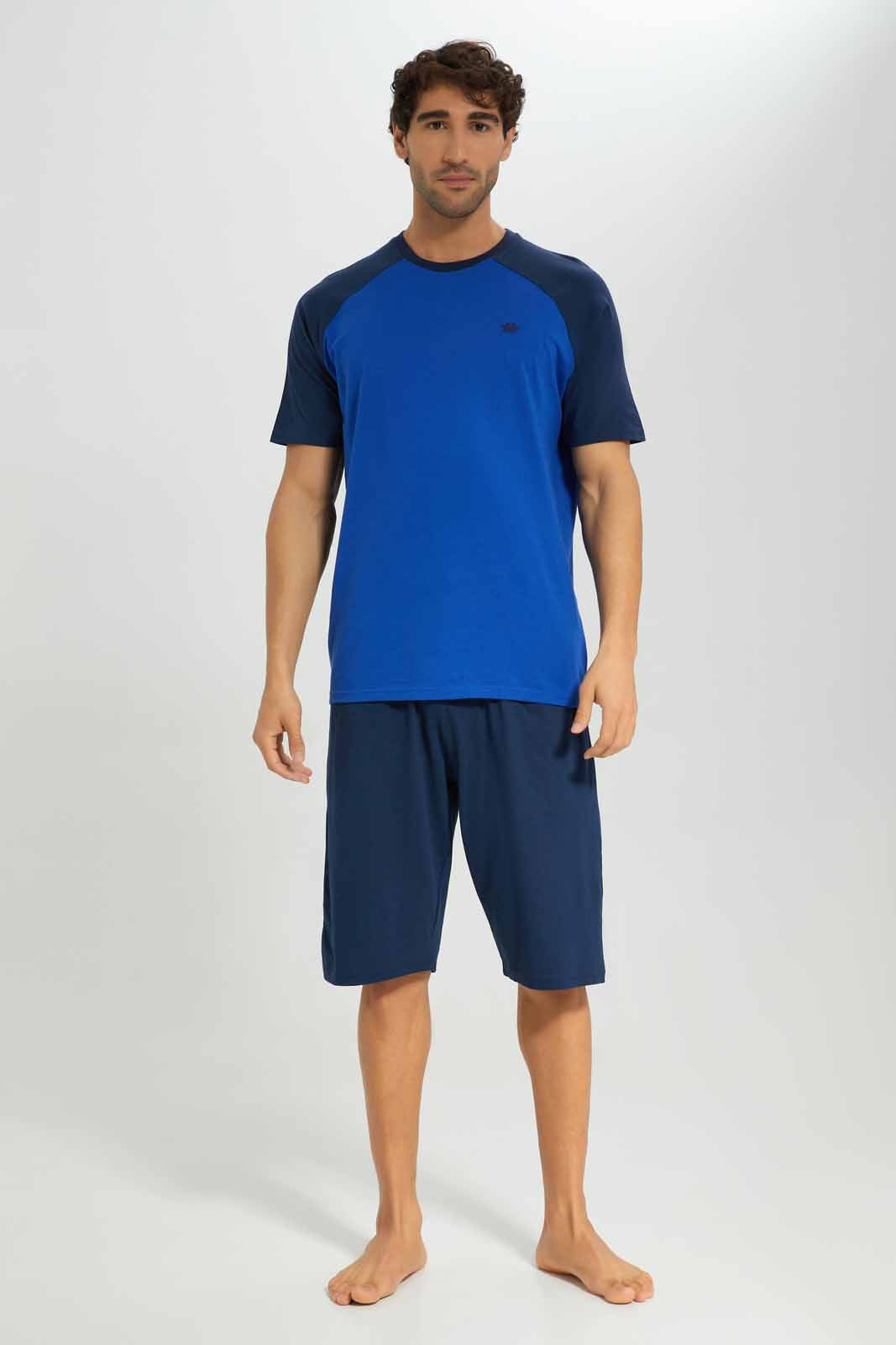 Redtag-Men-Blue-T_Shirt-With-Navy-Shorts-Pyjama-Set-Category:Pyjama-Sets,-Colour:Blue,-Deals:New-In,-Filter:Men's-Clothing,-Men-Pyjama-Sets,-New-In-Men-APL,-Non-Sale,-Section:Men,-W22B-Men's-