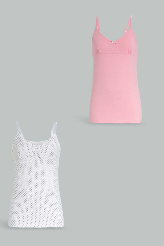 Redtag-Girls-Pink-X-White/Black-Polka-Dots-(2Pcs)-365,-Category:Vests,-Colour:Assorted,-Deals:New-In,-Dept:Girls,-ESS,-Filter:Senior-Girls-(8-to-14-Yrs),-GSR-Vests,-New-In-GSR-APL,-Non-Sale,-Section:Girls-(0-to-14Yrs)-Senior-Girls-9 to 14 Years