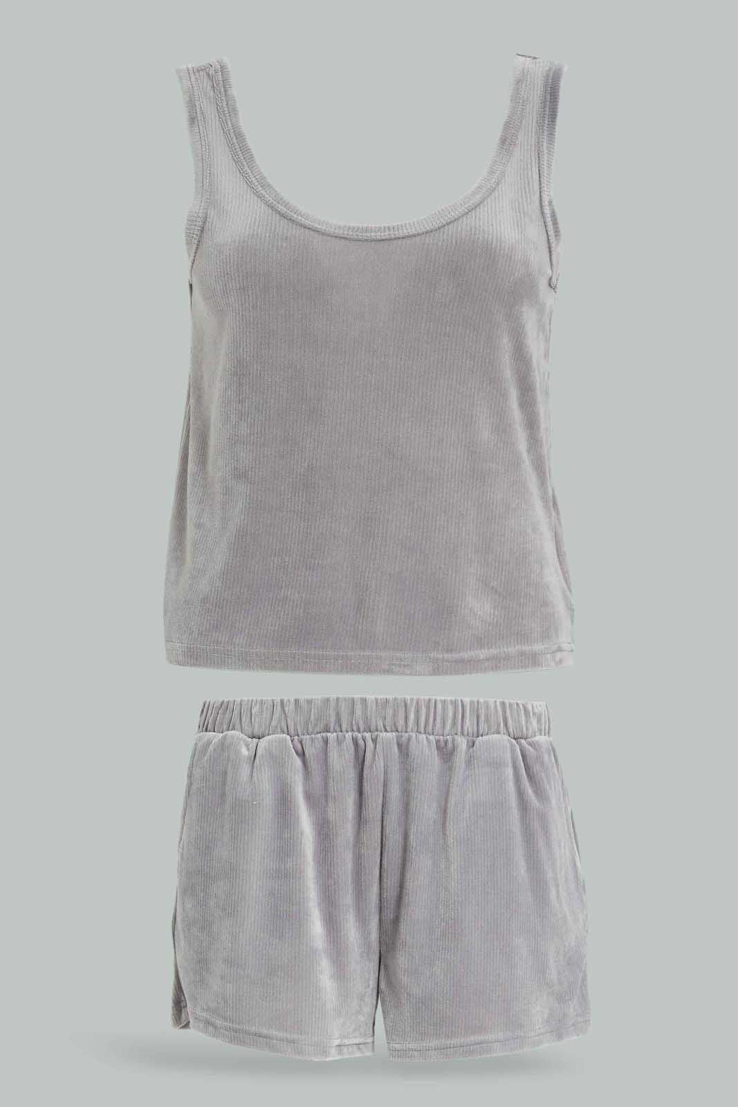 Redtag-Women-Grey-Velour-Cami-Set-Category:Cami-Sets,-Colour:Grey,-Deals:New-In,-Dept:Ladieswear,-Filter:Women's-Clothing,-New-In-Women-APL,-Non-Sale,-Section:Women,-W22A,-Women-Cami-Sets--