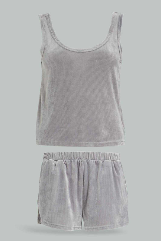 Redtag-Women-Grey-Velour-Cami-Set-Category:Cami-Sets,-Colour:Grey,-Deals:New-In,-Dept:Ladieswear,-Filter:Women's-Clothing,-New-In-Women-APL,-Non-Sale,-Section:Women,-W22A,-Women-Cami-Sets--