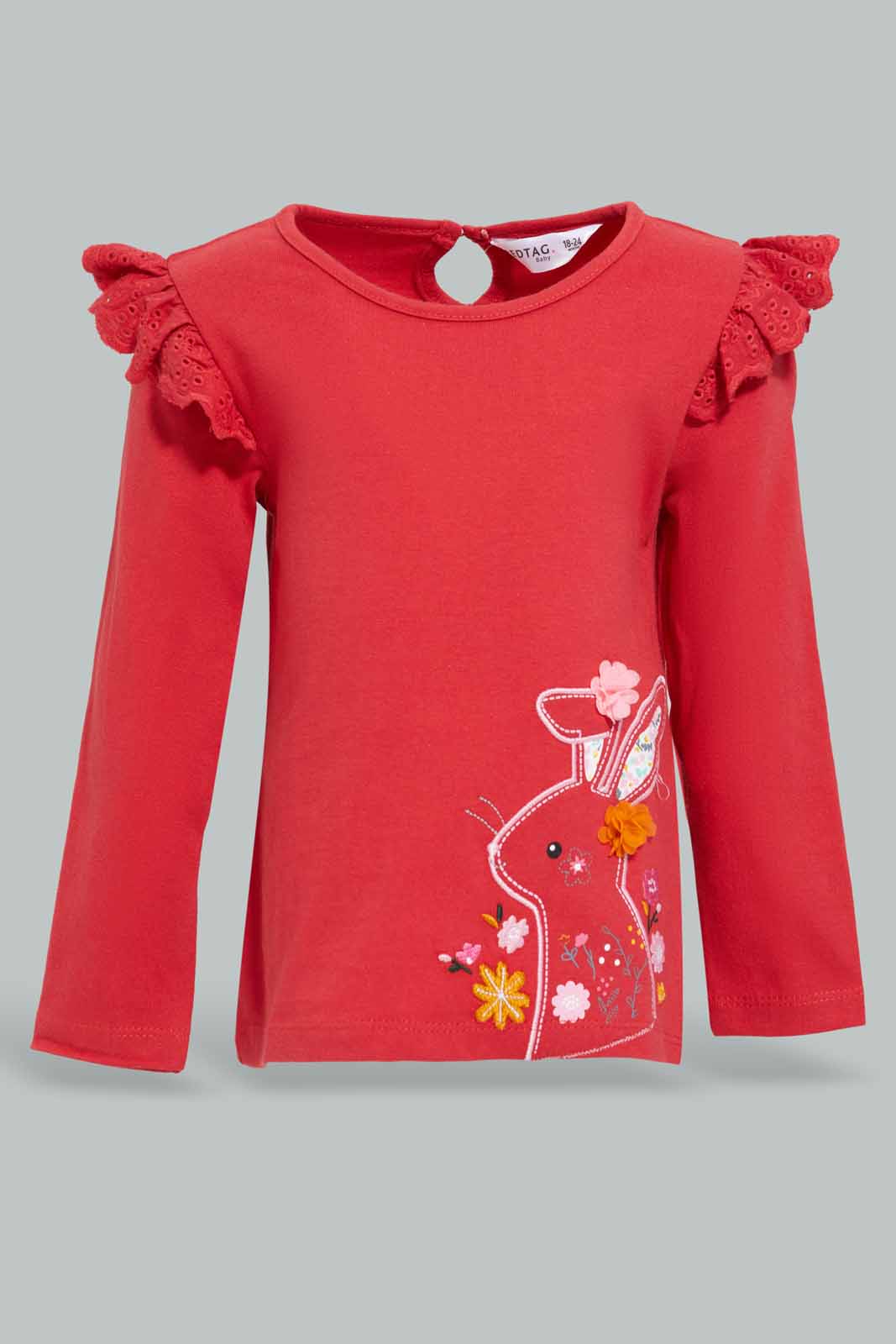 Redtag-Girls-Red-Rabbit-Artwork-T-Shirt-Category:T-Shirts,-Colour:Red,-Deals:New-In,-Filter:Infant-Girls-(3-to-24-Mths),-ING-T-Shirts,-New-In-ING-APL,-Non-Sale,-Section:Girls-(0-to-14Yrs),-W22B-Infant-Girls-3 to 24 Months
