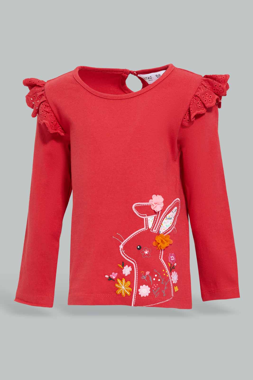 Redtag-Girls-Red-Rabbit-Artwork-T-Shirt-Category:T-Shirts,-Colour:Red,-Deals:New-In,-Filter:Infant-Girls-(3-to-24-Mths),-ING-T-Shirts,-New-In-ING-APL,-Non-Sale,-Section:Girls-(0-to-14Yrs),-W22B-Infant-Girls-3 to 24 Months