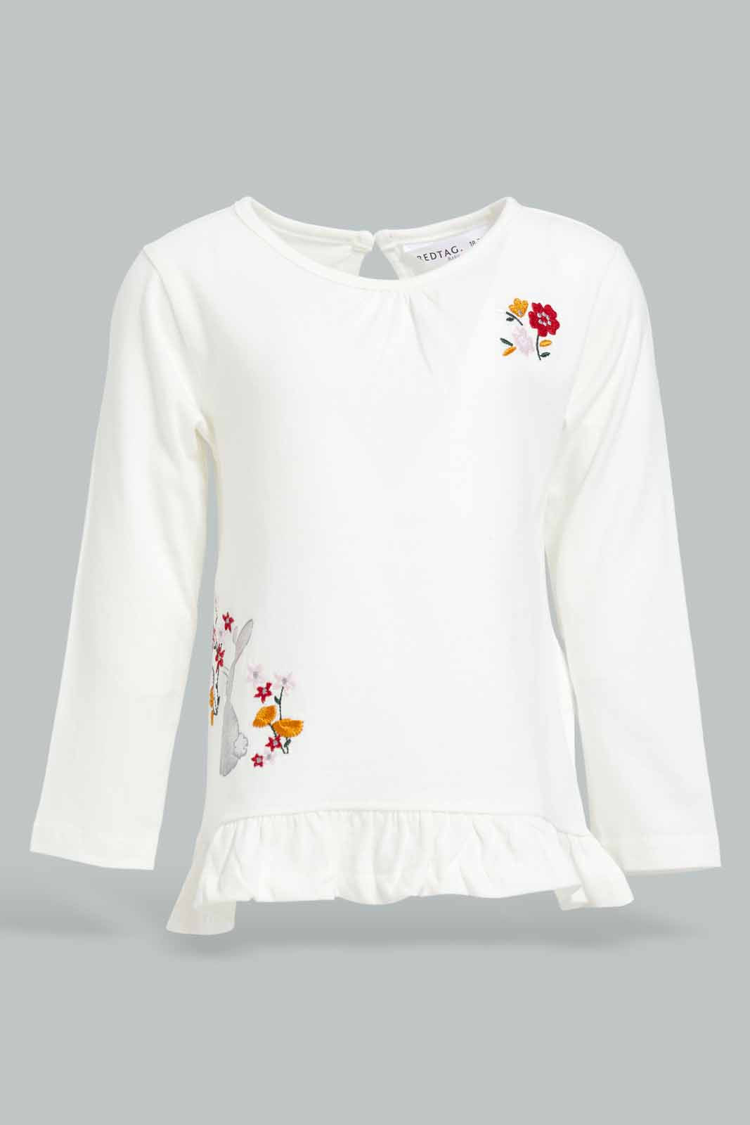 Redtag-Girls-Ivory-Rabbit-Embroidery-Frill-Hem-T-Shirt-Category:T-Shirts,-Colour:Ivory,-Deals:New-In,-Filter:Infant-Girls-(3-to-24-Mths),-ING-T-Shirts,-New-In-ING-APL,-Non-Sale,-Section:Girls-(0-to-14Yrs),-W22B-Infant-Girls-3 to 24 Months