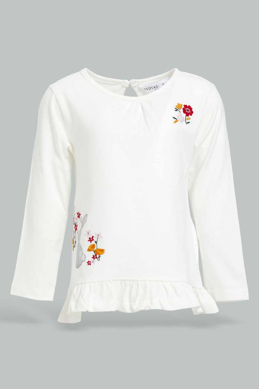 Redtag-Girls-Ivory-Rabbit-Embroidery-Frill-Hem-T-Shirt-Category:T-Shirts,-Colour:Ivory,-Deals:New-In,-Filter:Infant-Girls-(3-to-24-Mths),-ING-T-Shirts,-New-In-ING-APL,-Non-Sale,-Section:Girls-(0-to-14Yrs),-W22B-Infant-Girls-3 to 24 Months