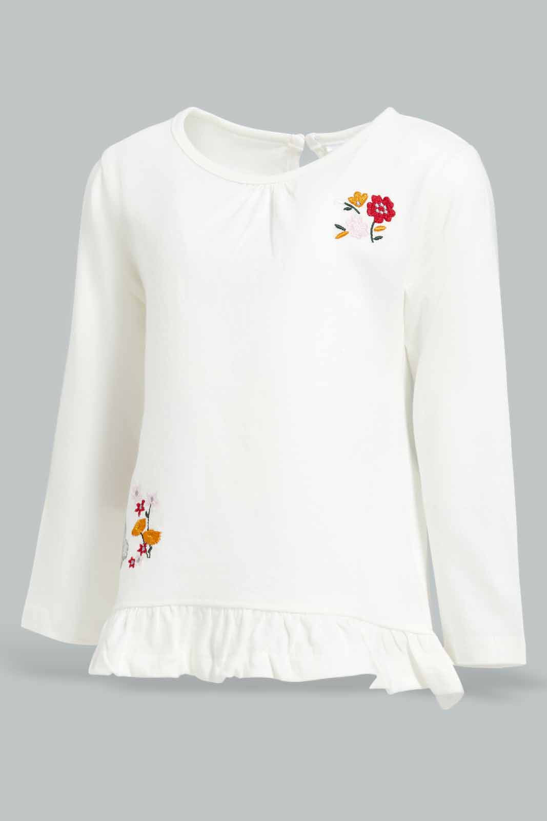 Redtag-Girls-Ivory-Rabbit-Embroidery-Frill-Hem-T-Shirt-Category:T-Shirts,-Colour:Ivory,-Deals:New-In,-Filter:Infant-Girls-(3-to-24-Mths),-ING-T-Shirts,-New-In-ING-APL,-Non-Sale,-Section:Girls-(0-to-14Yrs),-W22B-Infant-Girls-3 to 24 Months