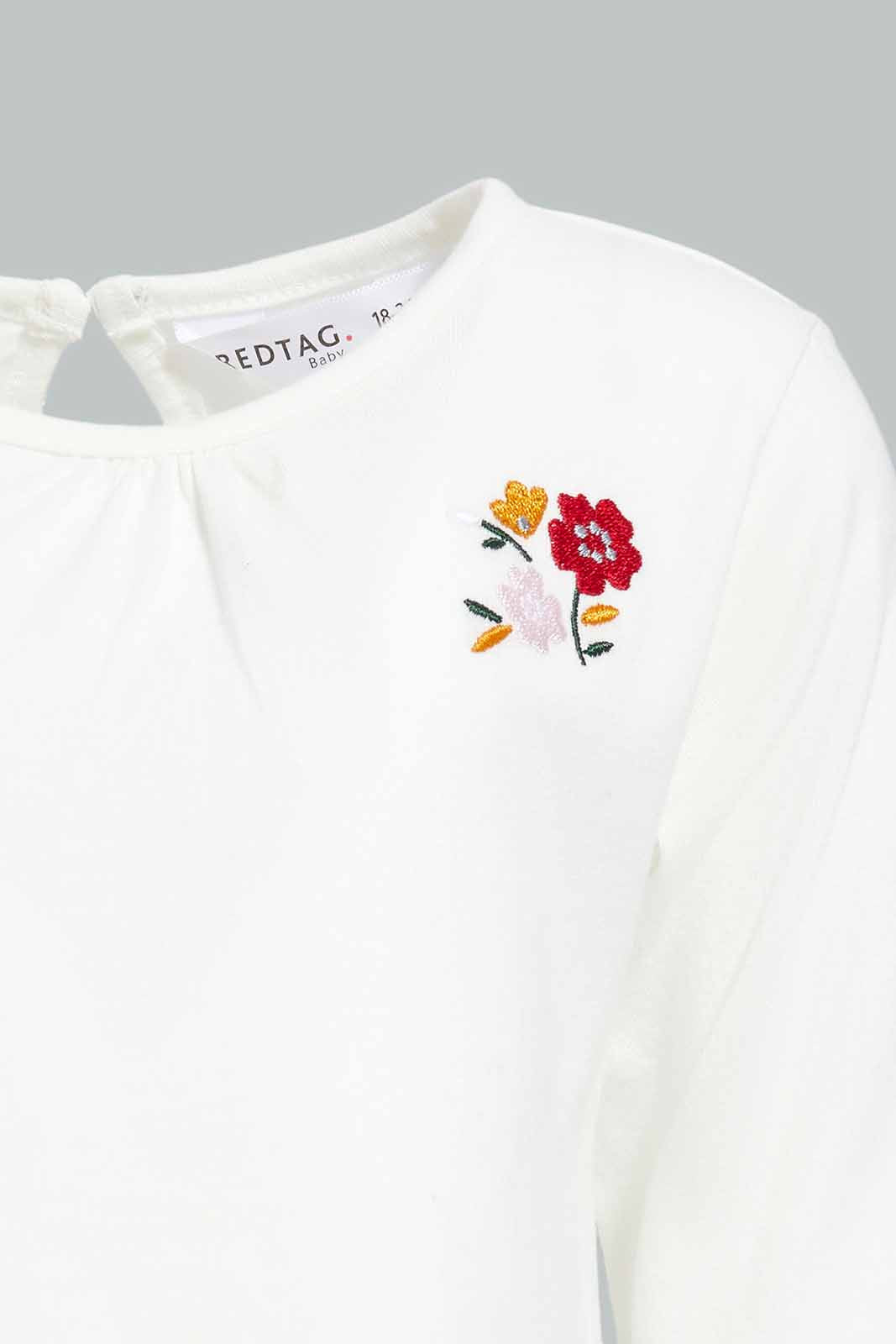 Redtag-Girls-Ivory-Rabbit-Embroidery-Frill-Hem-T-Shirt-Category:T-Shirts,-Colour:Ivory,-Deals:New-In,-Filter:Infant-Girls-(3-to-24-Mths),-ING-T-Shirts,-New-In-ING-APL,-Non-Sale,-Section:Girls-(0-to-14Yrs),-W22B-Infant-Girls-3 to 24 Months