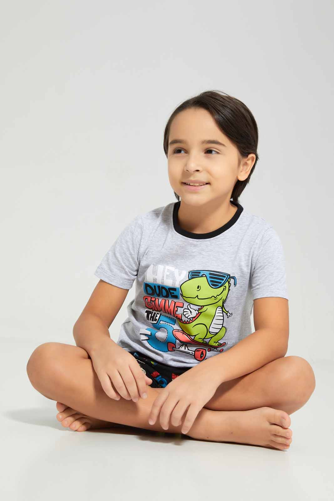 Redtag-Boys-Grey-Dinosaur-Print-T-Shirt-And-Shorts-Pyjama-Set-BOY-Pyjama-Sets,-Category:Pyjama-Sets,-Colour:Grey,-Deals:New-In,-Filter:Boys-(2-to-8-Yrs),-New-In-BOY-APL,-Non-Sale,-Section:Boys-(0-to-14Yrs),-W22A-Boys-2 to 8 Years