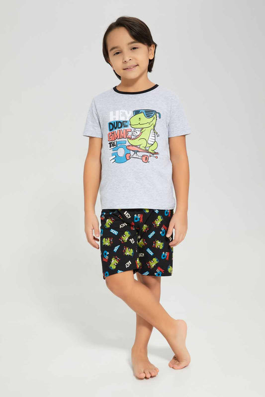 Redtag-Boys-Grey-Dinosaur-Print-T-Shirt-And-Shorts-Pyjama-Set-BOY-Pyjama-Sets,-Category:Pyjama-Sets,-Colour:Grey,-Deals:New-In,-Filter:Boys-(2-to-8-Yrs),-New-In-BOY-APL,-Non-Sale,-Section:Boys-(0-to-14Yrs),-W22A-Boys-2 to 8 Years