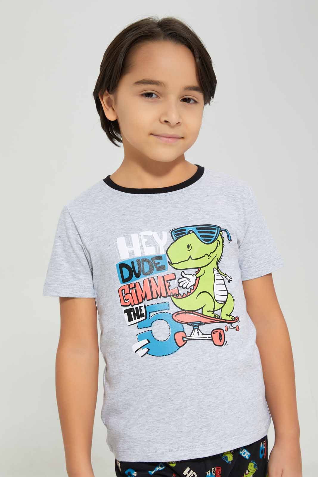 Redtag-Boys-Grey-Dinosaur-Print-T-Shirt-And-Shorts-Pyjama-Set-BOY-Pyjama-Sets,-Category:Pyjama-Sets,-Colour:Grey,-Deals:New-In,-Filter:Boys-(2-to-8-Yrs),-New-In-BOY-APL,-Non-Sale,-Section:Boys-(0-to-14Yrs),-W22A-Boys-2 to 8 Years