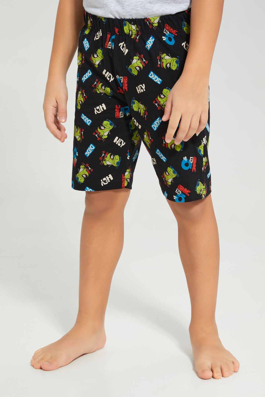 Redtag-Boys-Grey-Dinosaur-Print-T-Shirt-And-Shorts-Pyjama-Set-BOY-Pyjama-Sets,-Category:Pyjama-Sets,-Colour:Grey,-Deals:New-In,-Filter:Boys-(2-to-8-Yrs),-New-In-BOY-APL,-Non-Sale,-Section:Boys-(0-to-14Yrs),-W22A-Boys-2 to 8 Years