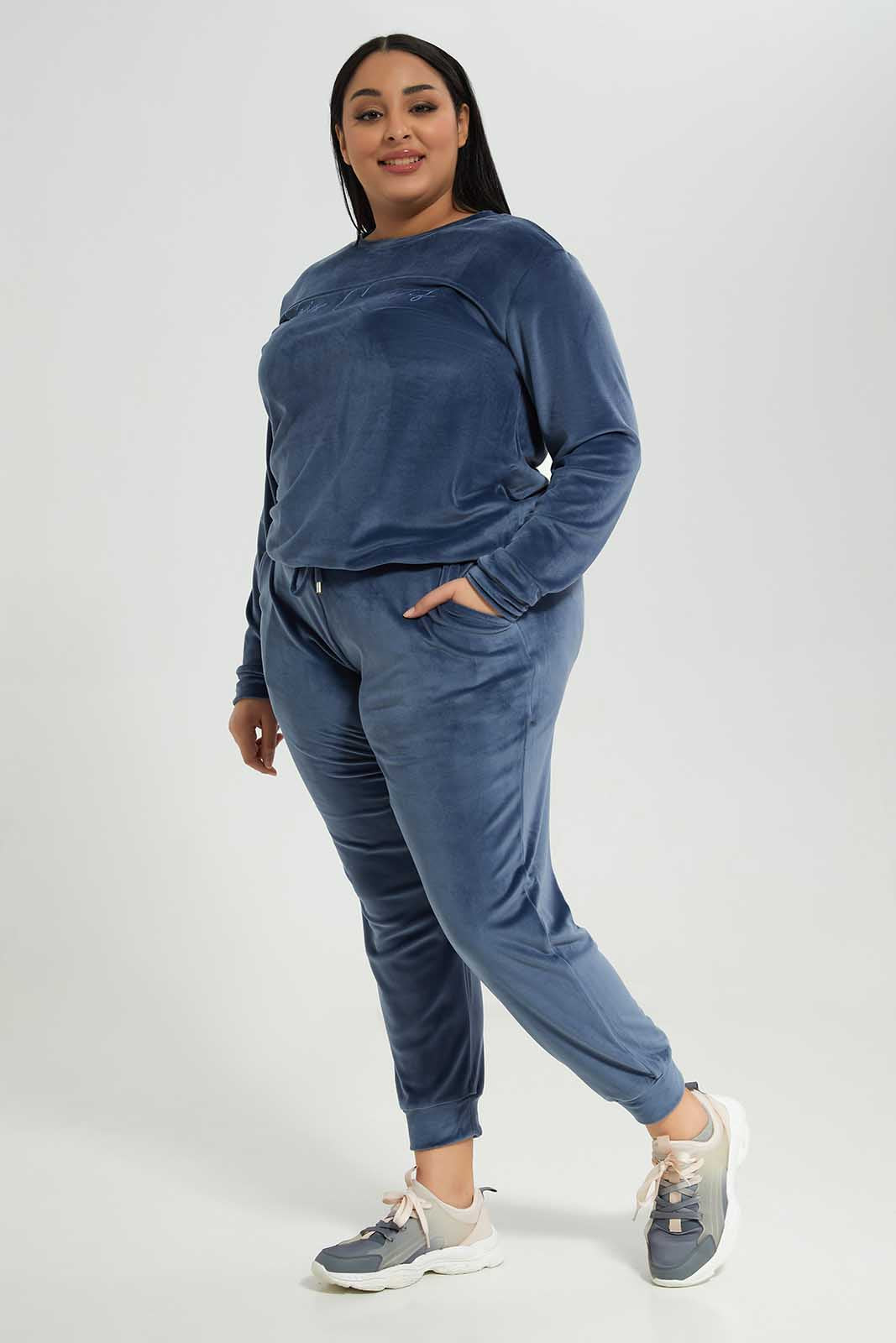 Redtag-Women-Blue-Velour-Track-Pant-Category:Leggings,-Colour:Blue,-Deals:New-In,-Filter:Plus-Size,-LDP-Leggings,-New-In-LDP-APL,-Non-Sale,-Section:Women,-TBL,-W22B-Women's-