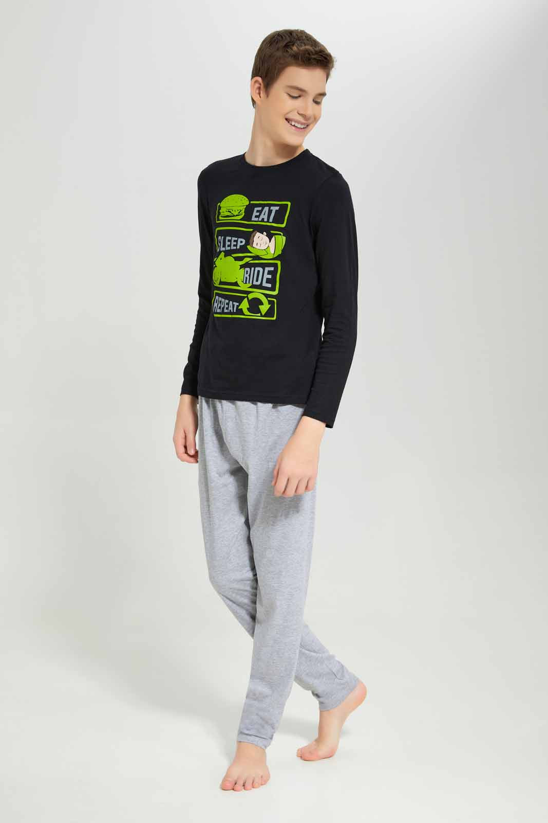 Redtag-Boys-Black-Eat-And-Sleep-Nightsuit-BSR-Pyjama-Sets,-Category:Pyjama-Sets,-Colour:Black,-Deals:New-In,-Filter:Senior-Boys-(8-to-14-Yrs),-New-In-BSR-APL,-Non-Sale,-Section:Boys-(0-to-14Yrs),-W22B-Senior-Boys-9 to 14 Years