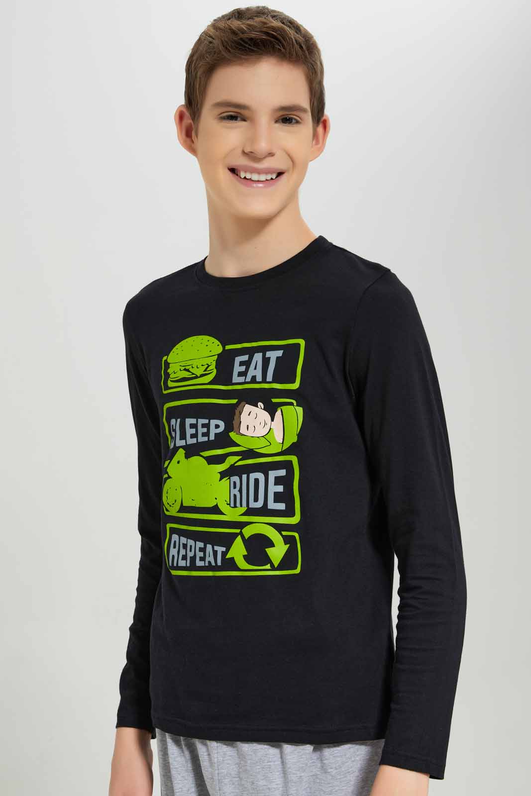 Redtag-Boys-Black-Eat-And-Sleep-Nightsuit-BSR-Pyjama-Sets,-Category:Pyjama-Sets,-Colour:Black,-Deals:New-In,-Filter:Senior-Boys-(8-to-14-Yrs),-New-In-BSR-APL,-Non-Sale,-Section:Boys-(0-to-14Yrs),-W22B-Senior-Boys-9 to 14 Years