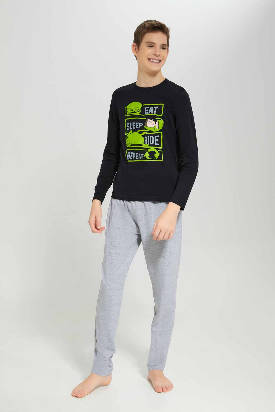 Redtag-Boys-Black-Eat-And-Sleep-Nightsuit-BSR-Pyjama-Sets,-Category:Pyjama-Sets,-Colour:Black,-Deals:New-In,-Filter:Senior-Boys-(8-to-14-Yrs),-New-In-BSR-APL,-Non-Sale,-Section:Boys-(0-to-14Yrs),-W22B-Senior-Boys-9 to 14 Years
