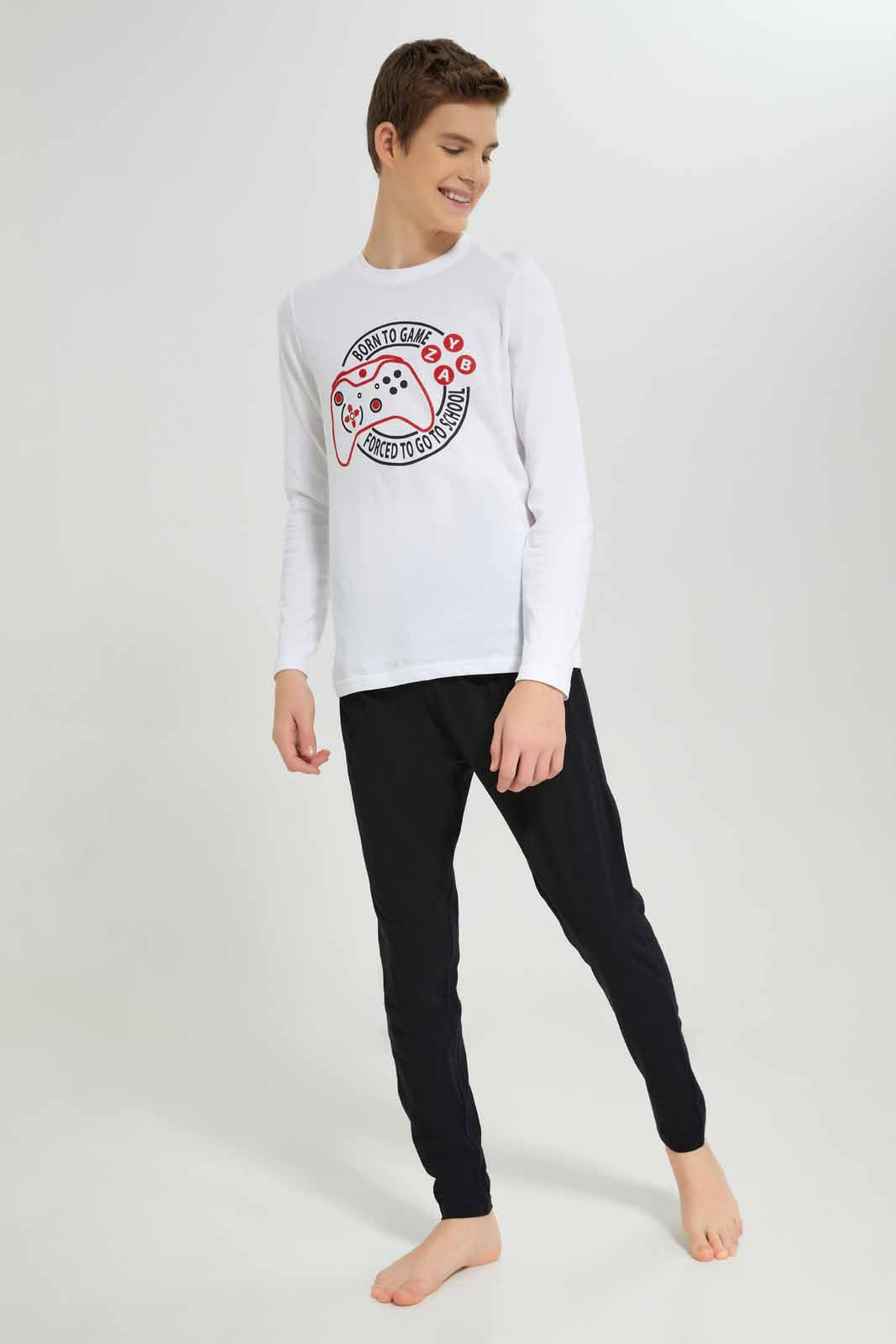 Redtag-Boys-White-Born-To-Game-Nightsuit-BSR-Pyjama-Sets,-Category:Pyjama-Sets,-Colour:White,-Deals:New-In,-Filter:Senior-Boys-(8-to-14-Yrs),-NDAY,-New-In-BSR-APL,-Non-Sale,-Section:Boys-(0-to-14Yrs),-W22B-Senior-Boys-9 to 14 Years
