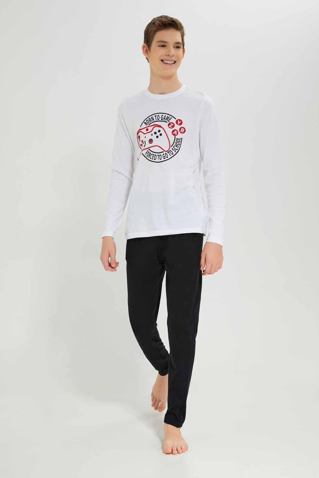 Redtag-Boys-White-Born-To-Game-Nightsuit-BSR-Pyjama-Sets,-Category:Pyjama-Sets,-Colour:White,-Deals:New-In,-Filter:Senior-Boys-(8-to-14-Yrs),-NDAY,-New-In-BSR-APL,-Non-Sale,-Section:Boys-(0-to-14Yrs),-W22B-Senior-Boys-9 to 14 Years