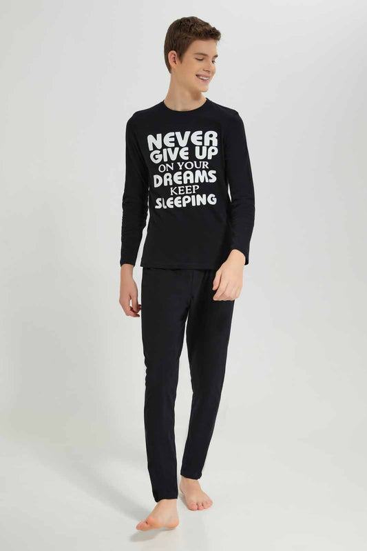 Redtag-Boys-Black-Never-Giveup-Nightsuit-BSR-Pyjama-Sets,-Category:Pyjama-Sets,-Colour:Black,-Deals:New-In,-Filter:Senior-Boys-(8-to-14-Yrs),-New-In-BSR-APL,-Non-Sale,-Section:Boys-(0-to-14Yrs),-W22B-Senior-Boys-9 to 14 Years