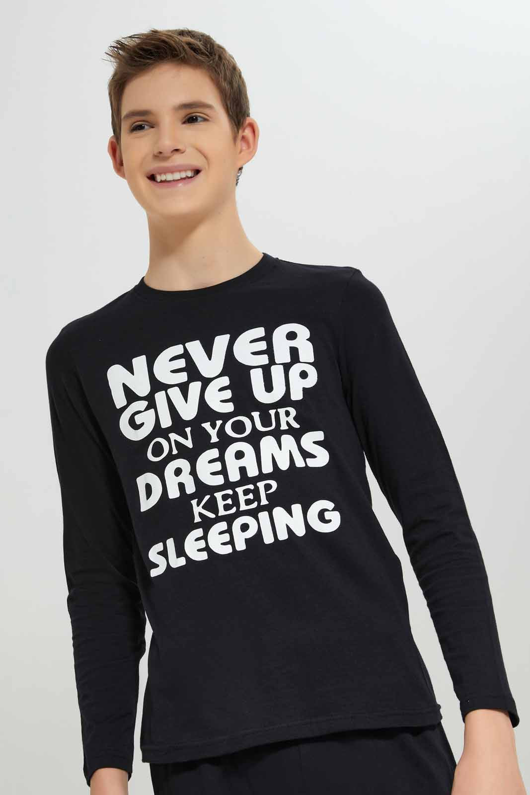 Redtag-Boys-Black-Never-Giveup-Nightsuit-BSR-Pyjama-Sets,-Category:Pyjama-Sets,-Colour:Black,-Deals:New-In,-Filter:Senior-Boys-(8-to-14-Yrs),-New-In-BSR-APL,-Non-Sale,-Section:Boys-(0-to-14Yrs),-W22B-Senior-Boys-9 to 14 Years
