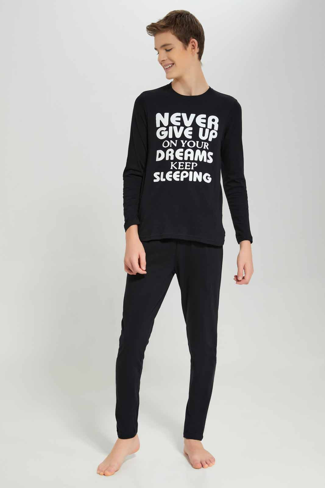 Redtag-Boys-Black-Never-Giveup-Nightsuit-BSR-Pyjama-Sets,-Category:Pyjama-Sets,-Colour:Black,-Deals:New-In,-Filter:Senior-Boys-(8-to-14-Yrs),-New-In-BSR-APL,-Non-Sale,-Section:Boys-(0-to-14Yrs),-W22B-Senior-Boys-9 to 14 Years