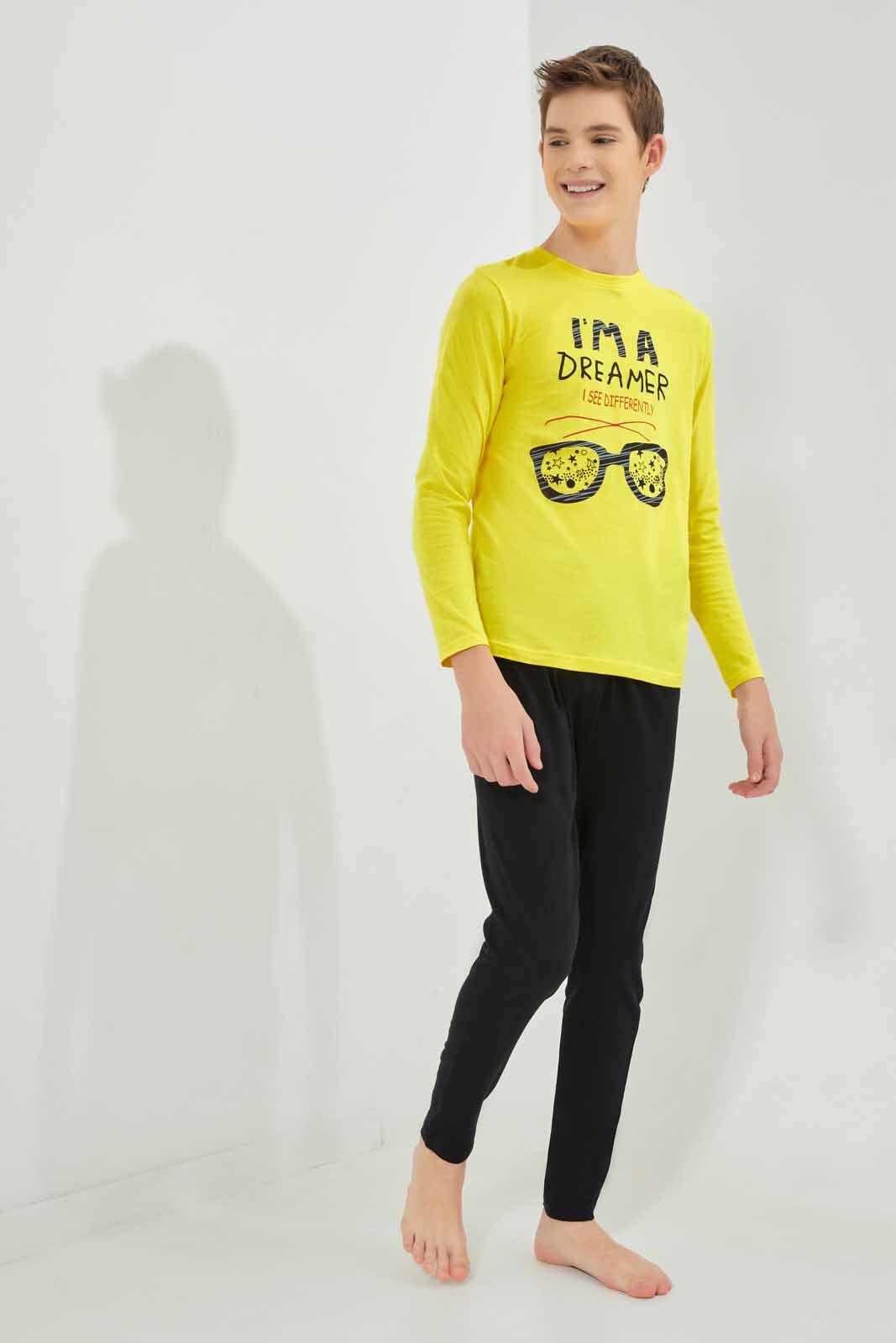 Redtag-Boys-Yellow-I-M-A-Dreamer-Nightsuit-BSR-Pyjama-Sets,-Category:Pyjama-Sets,-Colour:Yellow,-Deals:New-In,-Filter:Senior-Boys-(8-to-14-Yrs),-New-In-BSR-APL,-Non-Sale,-Section:Boys-(0-to-14Yrs),-W22B-Senior-Boys-9 to 14 Years