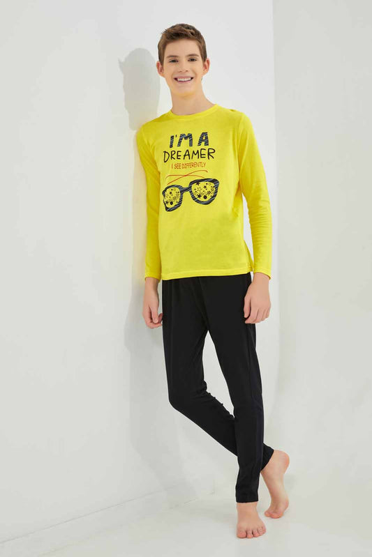 Redtag-Boys-Yellow-I-M-A-Dreamer-Nightsuit-BSR-Pyjama-Sets,-Category:Pyjama-Sets,-Colour:Yellow,-Deals:New-In,-Filter:Senior-Boys-(8-to-14-Yrs),-New-In-BSR-APL,-Non-Sale,-Section:Boys-(0-to-14Yrs),-W22B-Senior-Boys-9 to 14 Years