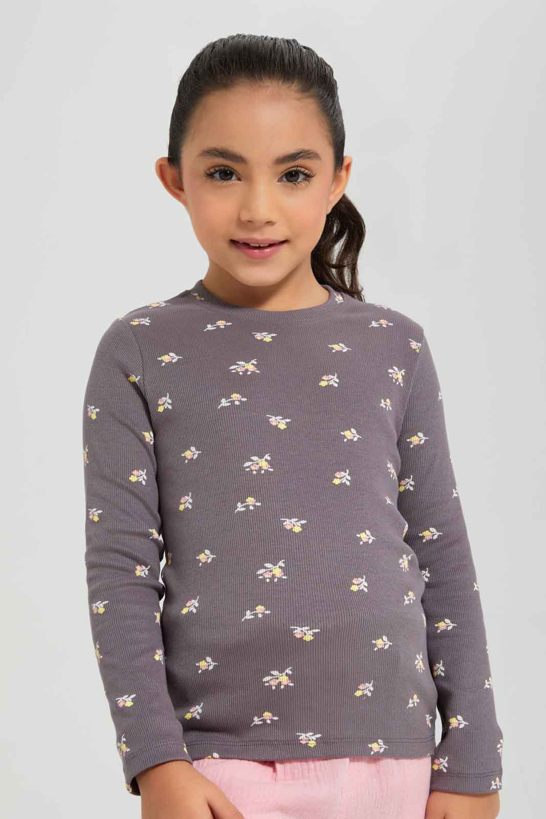 Redtag-Girls-Ls-Rib-Floral-Print-Tee-Brown-Category:T-Shirts,-Colour:Brown,-Deals:New-In,-Dept:Girls,-Filter:Girls-(2-to-8-Yrs),-GIR-T-Shirts,-New-In-GIR-APL,-Non-Sale,-Section:Girls-(0-to-14Yrs),-TBL,-W22B-Girls-2 to 8 Years