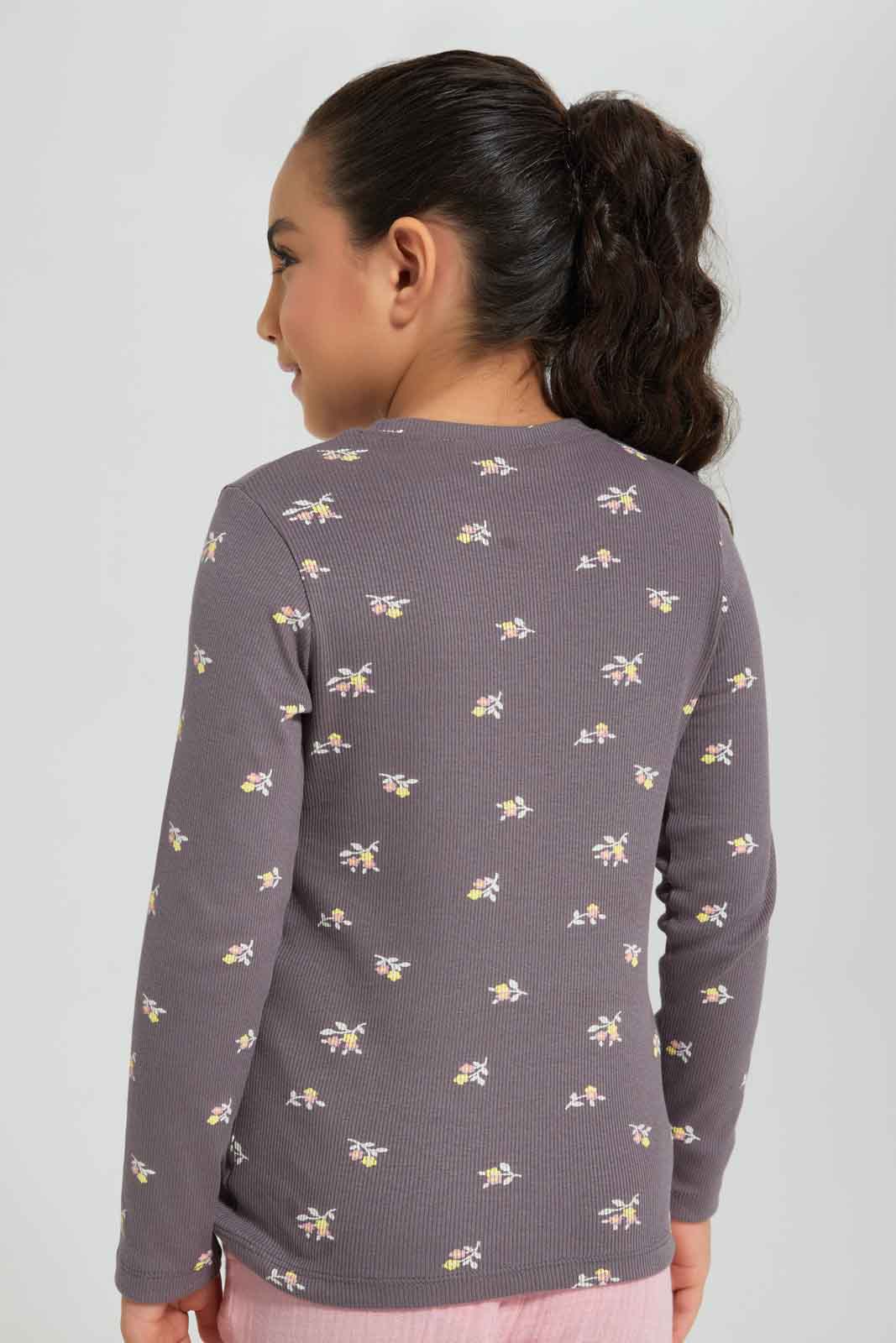 Redtag-Girls-Ls-Rib-Floral-Print-Tee-Brown-Category:T-Shirts,-Colour:Brown,-Deals:New-In,-Dept:Girls,-Filter:Girls-(2-to-8-Yrs),-GIR-T-Shirts,-New-In-GIR-APL,-Non-Sale,-Section:Girls-(0-to-14Yrs),-TBL,-W22B-Girls-2 to 8 Years