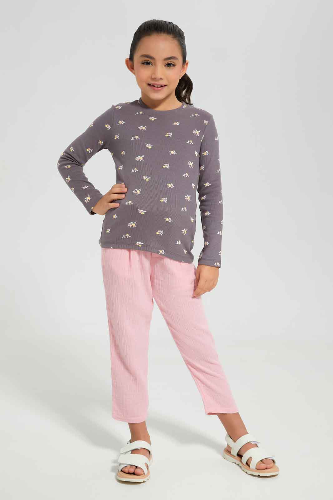 Redtag-Girls-Ls-Rib-Floral-Print-Tee-Brown-Category:T-Shirts,-Colour:Brown,-Deals:New-In,-Dept:Girls,-Filter:Girls-(2-to-8-Yrs),-GIR-T-Shirts,-New-In-GIR-APL,-Non-Sale,-Section:Girls-(0-to-14Yrs),-TBL,-W22B-Girls-2 to 8 Years