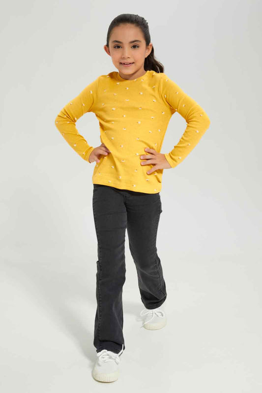 Redtag-Girls-Ls-Rib-Floral-Print-Tee-Mustard-Floral-Category:T-Shirts,-Colour:Mustard,-Deals:New-In,-Dept:Girls,-Filter:Girls-(2-to-8-Yrs),-GIR-T-Shirts,-New-In-GIR-APL,-Non-Sale,-Section:Girls-(0-to-14Yrs),-TBL,-W22B-Girls-2 to 8 Years