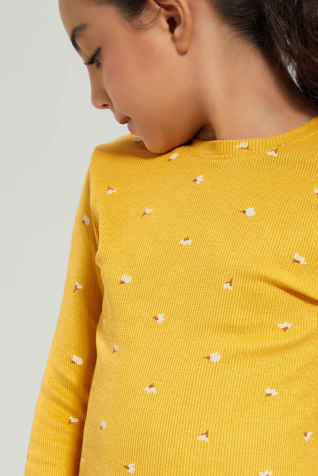 Redtag-Girls-Ls-Rib-Floral-Print-Tee-Mustard-Floral-Category:T-Shirts,-Colour:Mustard,-Deals:New-In,-Dept:Girls,-Filter:Girls-(2-to-8-Yrs),-GIR-T-Shirts,-New-In-GIR-APL,-Non-Sale,-Section:Girls-(0-to-14Yrs),-TBL,-W22B-Girls-2 to 8 Years