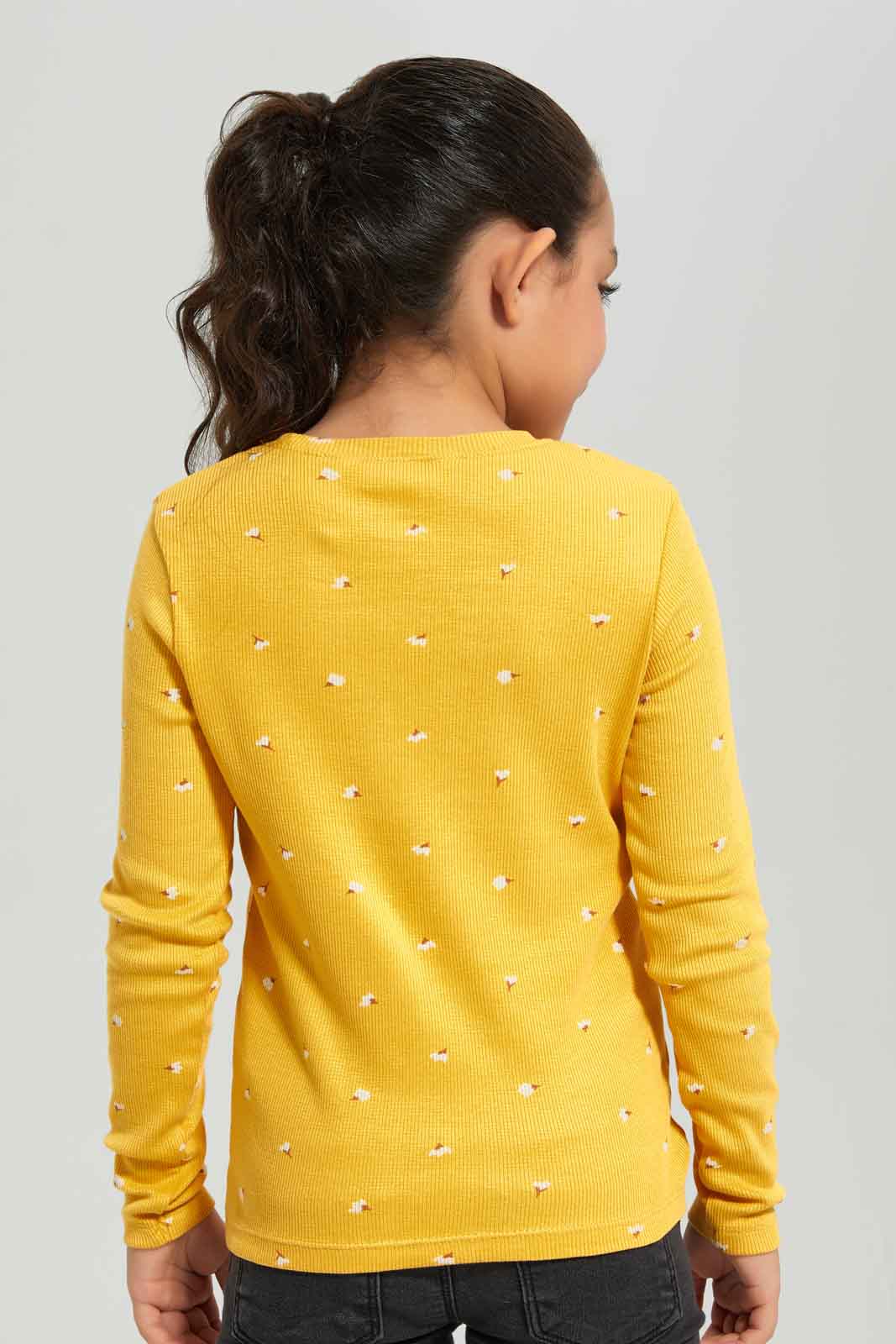 Redtag-Girls-Ls-Rib-Floral-Print-Tee-Mustard-Floral-Category:T-Shirts,-Colour:Mustard,-Deals:New-In,-Dept:Girls,-Filter:Girls-(2-to-8-Yrs),-GIR-T-Shirts,-New-In-GIR-APL,-Non-Sale,-Section:Girls-(0-to-14Yrs),-TBL,-W22B-Girls-2 to 8 Years