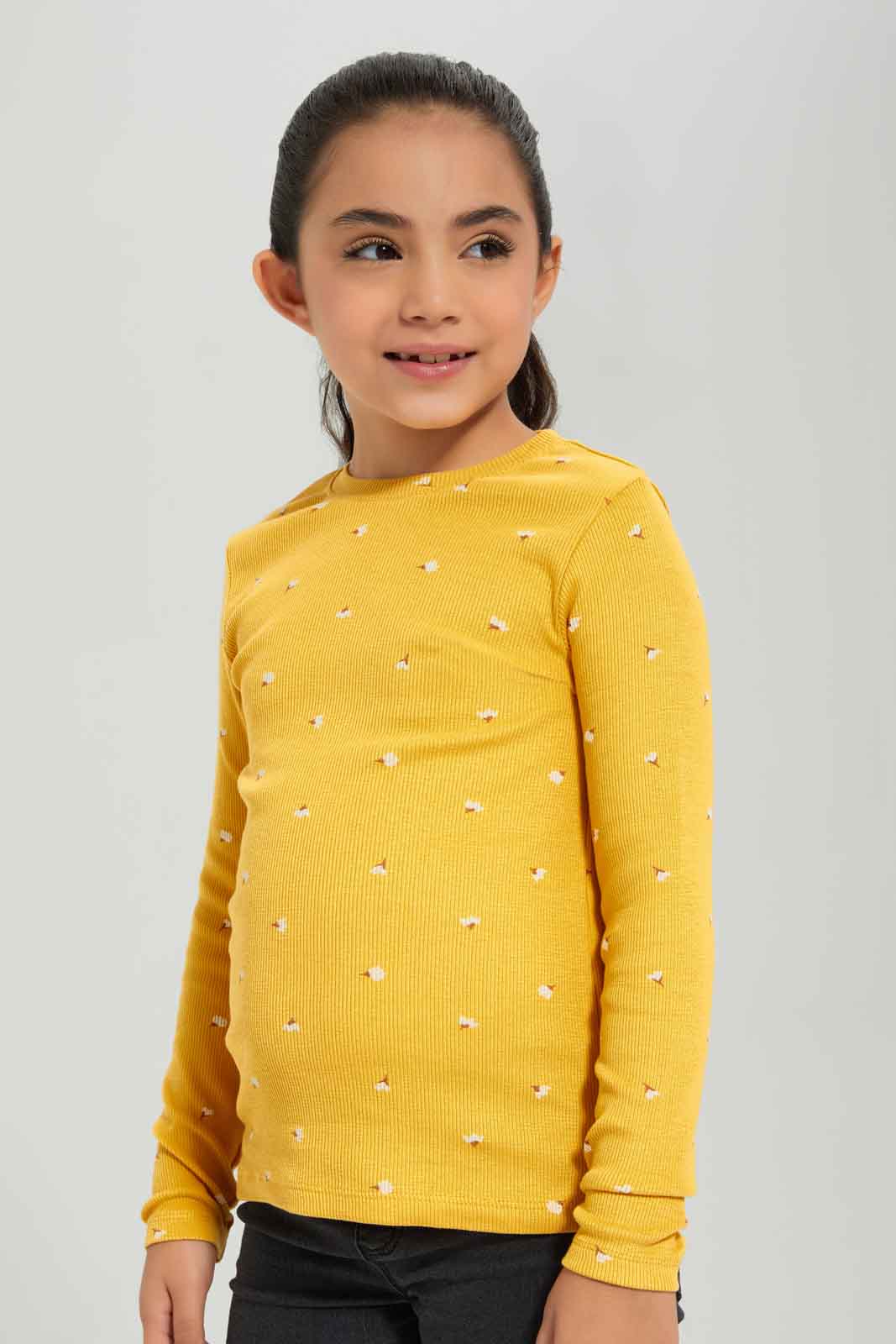 Redtag-Girls-Ls-Rib-Floral-Print-Tee-Mustard-Floral-Category:T-Shirts,-Colour:Mustard,-Deals:New-In,-Dept:Girls,-Filter:Girls-(2-to-8-Yrs),-GIR-T-Shirts,-New-In-GIR-APL,-Non-Sale,-Section:Girls-(0-to-14Yrs),-TBL,-W22B-Girls-2 to 8 Years