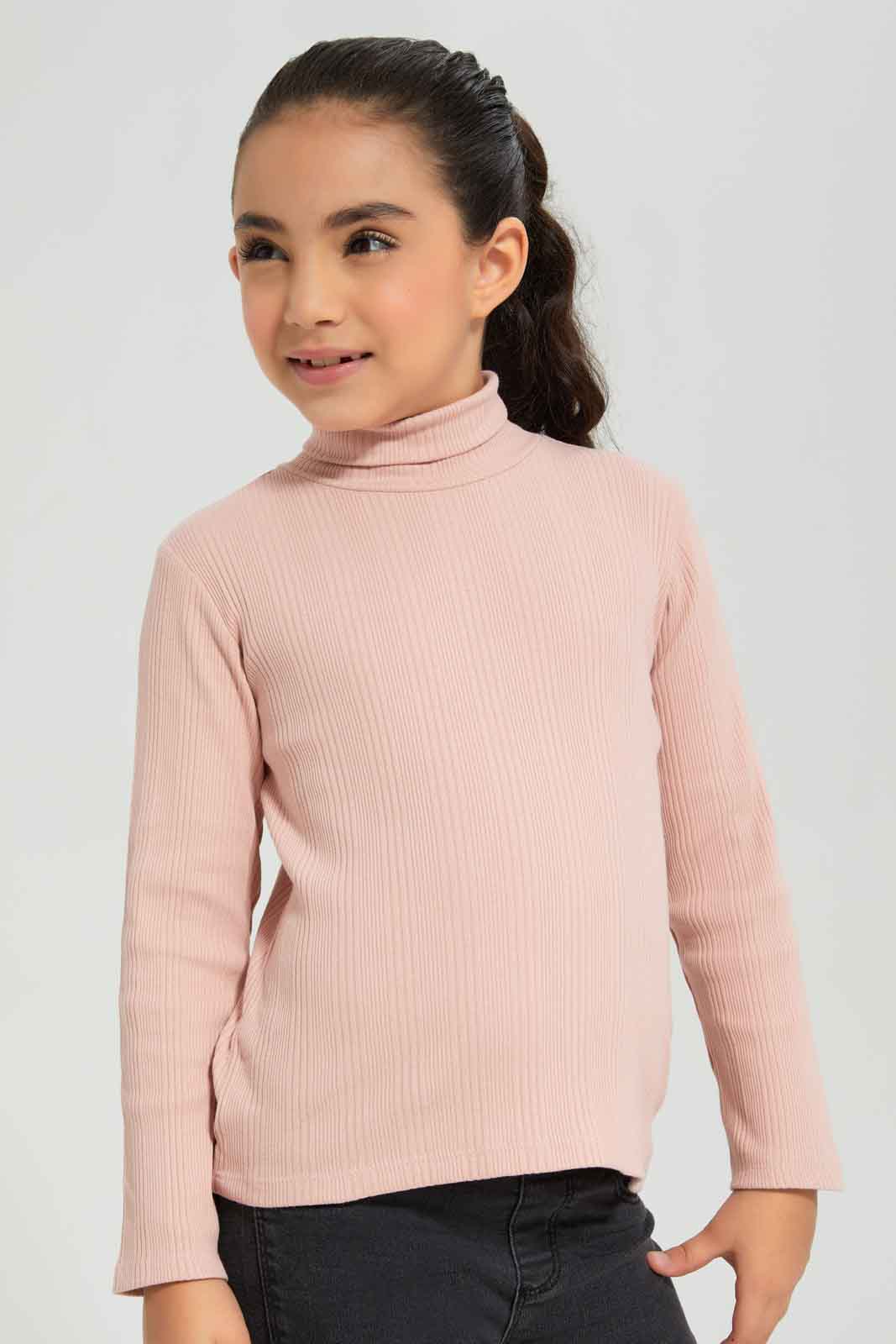 Redtag-Girls-Ls-Brushed-Rib--Plain-Pink-Category:T-Shirts,-Colour:Apricot,-Deals:New-In,-Dept:Girls,-Filter:Girls-(2-to-8-Yrs),-GIR-T-Shirts,-New-In-GIR-APL,-Non-Sale,-Section:Girls-(0-to-14Yrs),-TBL,-W22B-Girls-2 to 8 Years
