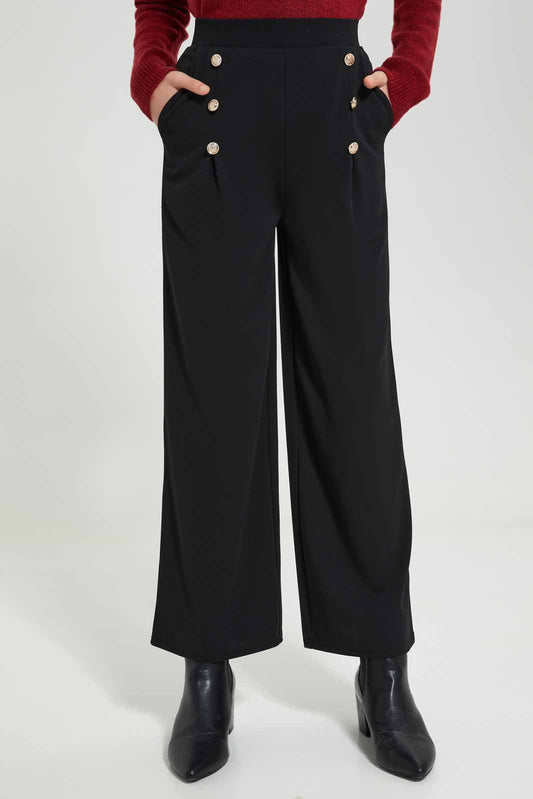 Redtag-Girls-Black-Highwasist-Wide-Leg-Trouser-With-Front-Buttons-Category:Trousers,-Colour:Black,-Deals:New-In,-Filter:Senior-Girls-(8-to-14-Yrs),-GSR-Trousers,-New-In-GSR-APL,-Non-Sale,-Section:Girls-(0-to-14Yrs),-W22B-Senior-Girls-9 to 14 Years