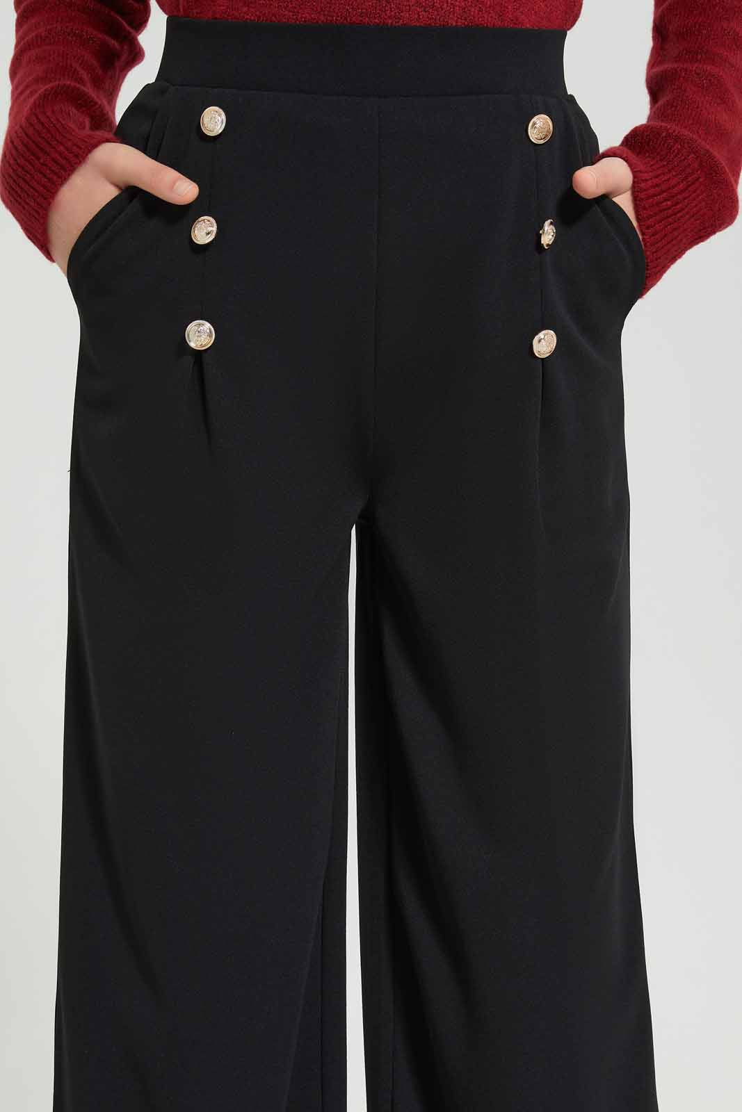 Redtag-Girls-Black-Highwasist-Wide-Leg-Trouser-With-Front-Buttons-Category:Trousers,-Colour:Black,-Deals:New-In,-Filter:Senior-Girls-(8-to-14-Yrs),-GSR-Trousers,-New-In-GSR-APL,-Non-Sale,-Section:Girls-(0-to-14Yrs),-W22B-Senior-Girls-9 to 14 Years