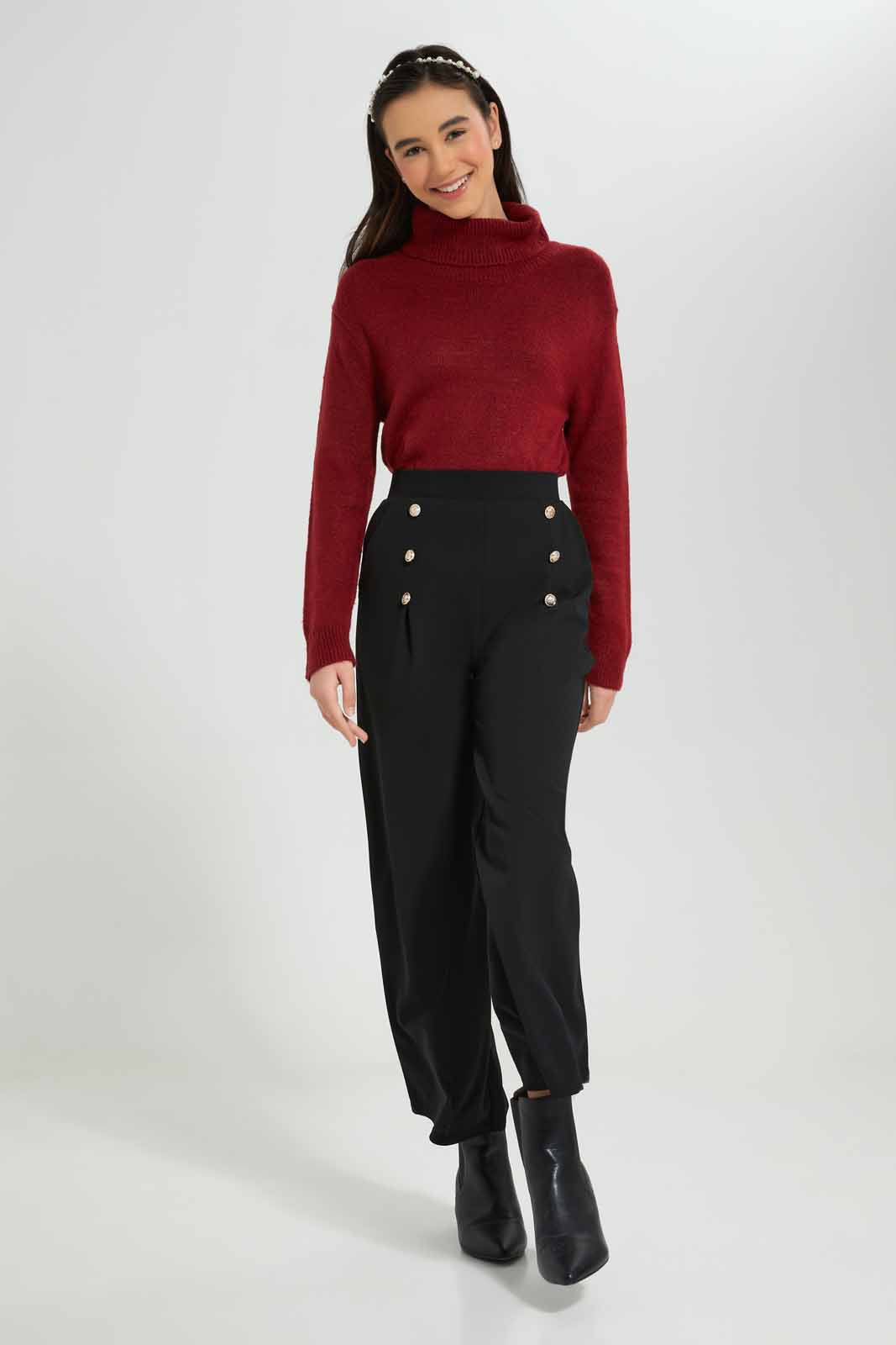 Redtag-Girls-Black-Highwasist-Wide-Leg-Trouser-With-Front-Buttons-Category:Trousers,-Colour:Black,-Deals:New-In,-Filter:Senior-Girls-(8-to-14-Yrs),-GSR-Trousers,-New-In-GSR-APL,-Non-Sale,-Section:Girls-(0-to-14Yrs),-W22B-Senior-Girls-9 to 14 Years