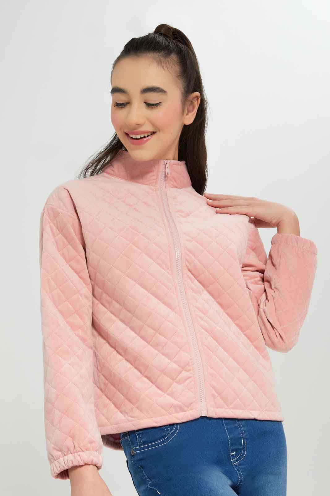 Redtag-Girls-Pink-Quilted-Cropped-Jacket-Category:Jackets,-Colour:Apricot,-Deals:New-In,-Dept:Girls,-Filter:Senior-Girls-(8-to-14-Yrs),-GSR-Jackets,-New-In-GSR-APL,-Non-Sale,-Section:Girls-(0-to-14Yrs),-W22B-Senior-Girls-9 to 14 Years