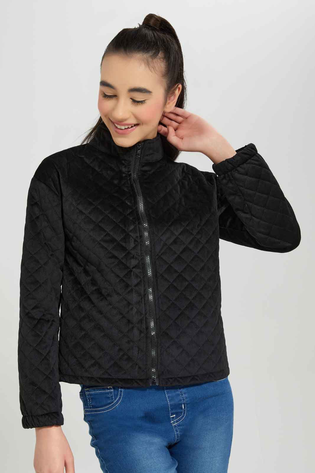 Redtag-Girls-Black-Quilted-Cropped-Jacket-Category:Jackets,-Colour:Black,-Deals:New-In,-Dept:Girls,-Filter:Senior-Girls-(8-to-14-Yrs),-GSR-Jackets,-New-In-GSR-APL,-Non-Sale,-Section:Girls-(0-to-14Yrs),-W22B-Senior-Girls-9 to 14 Years