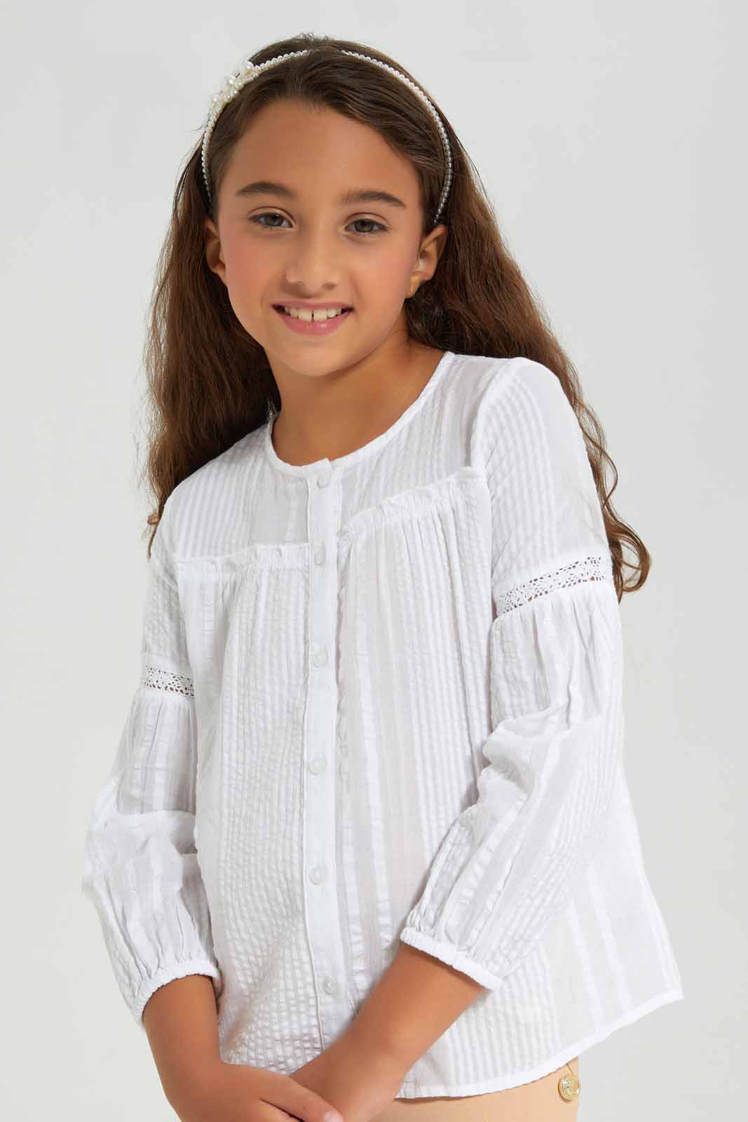 Redtag-Girls-White-Cotton-Seersucker-L/S-Blouse-Category:Blouses,-Colour:White,-Deals:New-In,-Filter:Girls-(2-to-8-Yrs),-GIR-Blouses,-New-In-GIR-APL,-Non-Sale,-Section:Girls-(0-to-14Yrs),-W22B-Girls-2 to 8 Years
