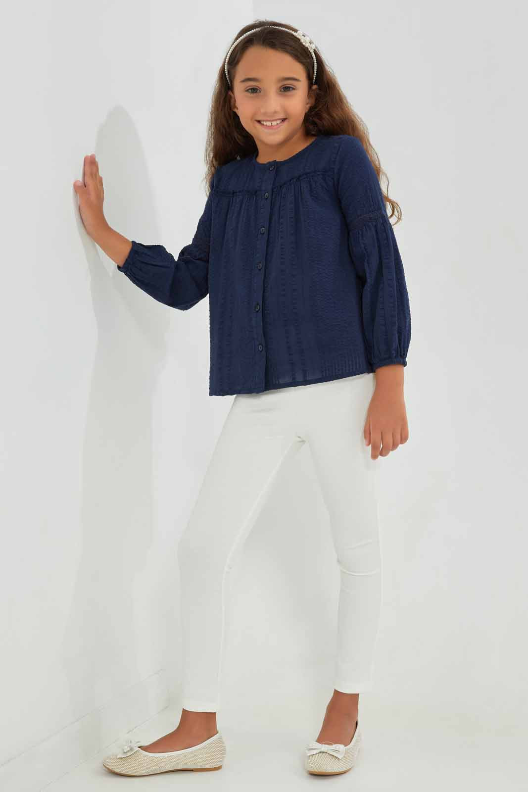 Redtag-Girls-Blue-Cotton-Seersucker-L/S-Blouse-Category:Blouses,-Colour:Blue,-Deals:New-In,-Filter:Girls-(2-to-8-Yrs),-GIR-Blouses,-New-In-GIR-APL,-Non-Sale,-Section:Girls-(0-to-14Yrs),-W22B-Girls-2 to 8 Years