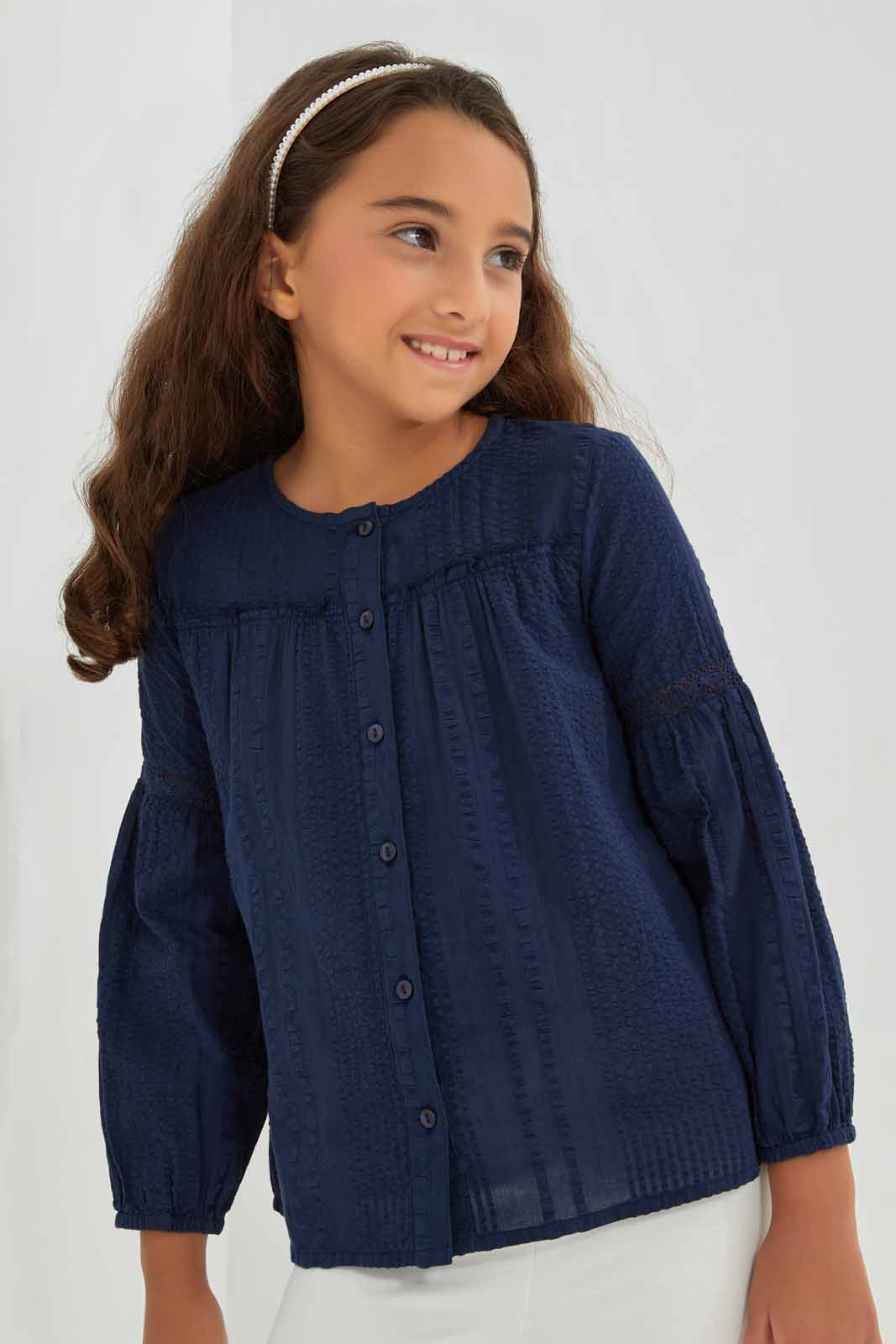 Redtag-Girls-Blue-Cotton-Seersucker-L/S-Blouse-Category:Blouses,-Colour:Blue,-Deals:New-In,-Filter:Girls-(2-to-8-Yrs),-GIR-Blouses,-New-In-GIR-APL,-Non-Sale,-Section:Girls-(0-to-14Yrs),-W22B-Girls-2 to 8 Years