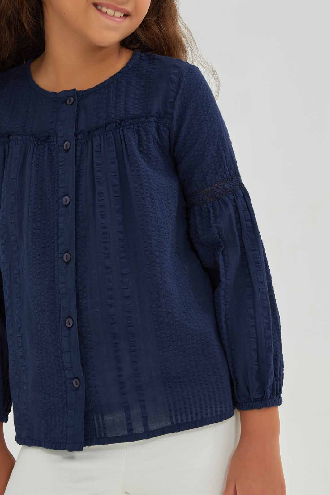 Redtag-Girls-Blue-Cotton-Seersucker-L/S-Blouse-Category:Blouses,-Colour:Blue,-Deals:New-In,-Filter:Girls-(2-to-8-Yrs),-GIR-Blouses,-New-In-GIR-APL,-Non-Sale,-Section:Girls-(0-to-14Yrs),-W22B-Girls-2 to 8 Years