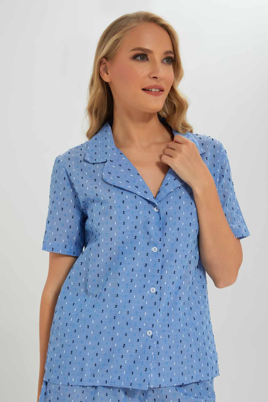 Redtag-Women-Blue-Color-Dobby-Short-Sleeves-With-Shorts-Pajama-Set-Category:Cami-Sets,-Colour:Blue,-Deals:New-In,-Filter:Women's-Clothing,-New-In-Women-APL,-Non-Sale,-Section:Women,-W22B,-Women-Cami-Sets--