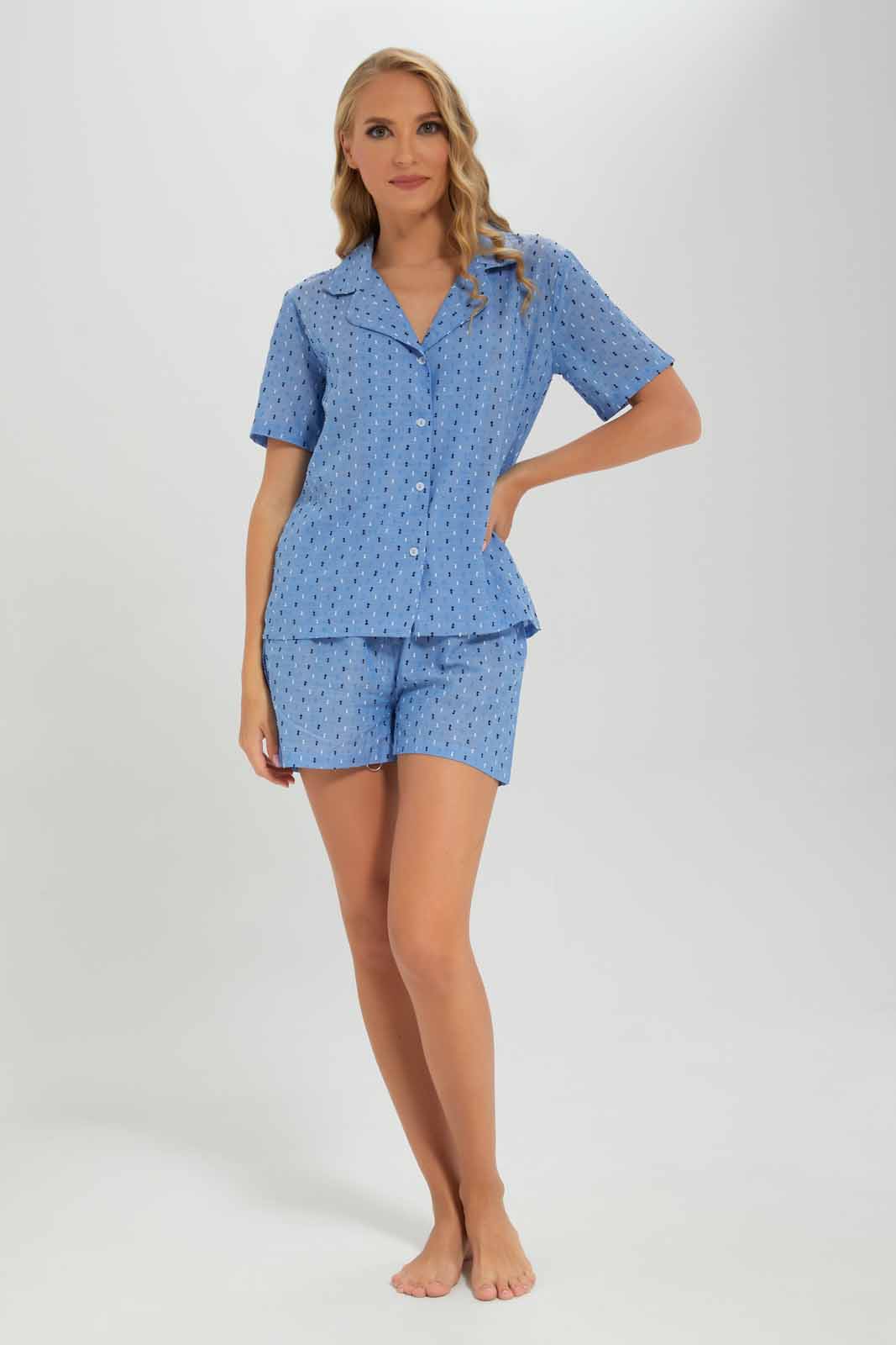 Redtag-Women-Blue-Color-Dobby-Short-Sleeves-With-Shorts-Pajama-Set-Category:Cami-Sets,-Colour:Blue,-Deals:New-In,-Filter:Women's-Clothing,-New-In-Women-APL,-Non-Sale,-Section:Women,-W22B,-Women-Cami-Sets--