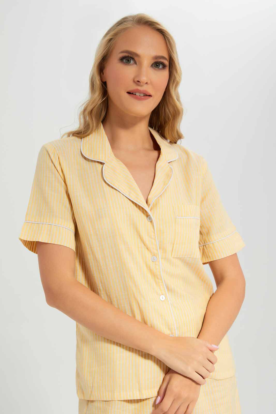 Redtag-Women-Mustard-Color-Long-Sleeves-With-Shorts-Pajama-Set-Category:Pyjama-Sets,-Colour:Mustard,-Deals:New-In,-Filter:Women's-Clothing,-New-In-Women-APL,-Non-Sale,-Section:Women,-W22B,-Women-Pyjama-Sets--