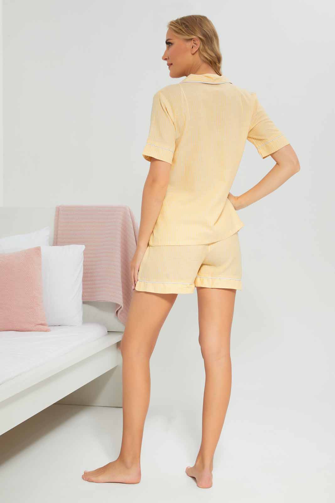 Redtag-Women-Mustard-Color-Long-Sleeves-With-Shorts-Pajama-Set-Category:Pyjama-Sets,-Colour:Mustard,-Deals:New-In,-Filter:Women's-Clothing,-New-In-Women-APL,-Non-Sale,-Section:Women,-W22B,-Women-Pyjama-Sets--